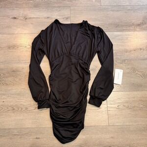 Mokoru Black Long Sleeve Mini Dress Small S Ruched Bodycon V Neck Party Cocktail